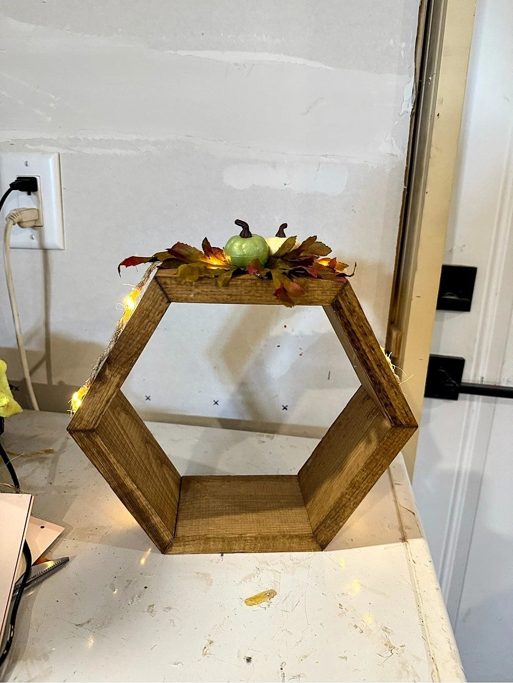 Hexagonal Wooden Holiday Display Shelf with Lights